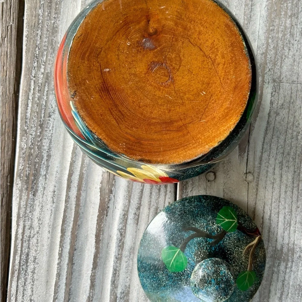 Hand Painted Wooden Jar with Red Macaw Parrot and Tree Design against a Dark Sky - Picture 6 of 11